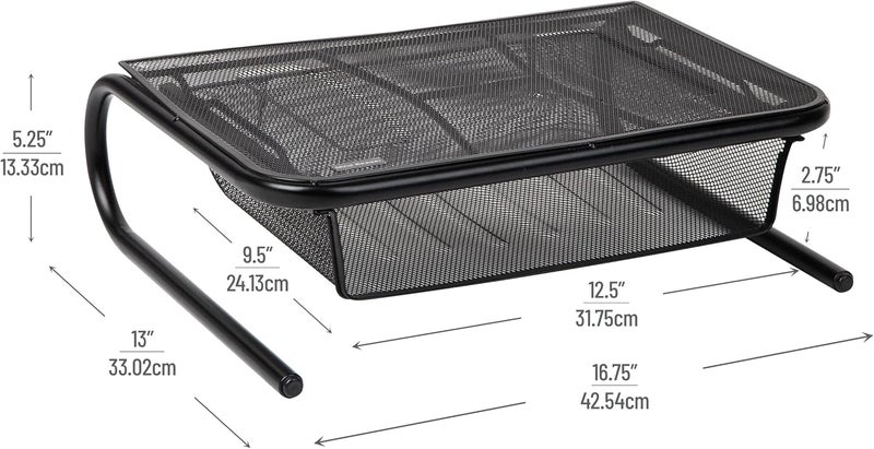 Mind Reader MESHKING-BLK Metal Mesh Monitor Stand Organizer with Storage Papers, Folders, Or Desk Accessories, Black w Drawer - Image 3