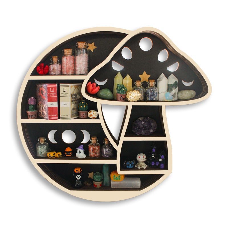 FNYDOX Cute Mushroom Decor, Wooden Mushroom Floating Shelves for Wall, Moon Shelf Wall Decor Crystal Rock Gem Stone Display Shelf, Trinket Knick Knack Shelf, Mushroom Gifts for Mushroom Lovers - Image 1