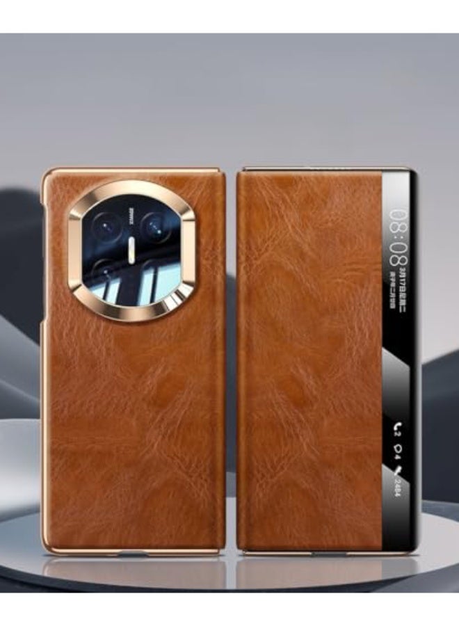Case Compatible with Huawei Mate X7, Luxury Genuine Leather Case Smart Window Display, Magnetic Flip Cover Business Vintage Shockproof Protective Shell - Image 1