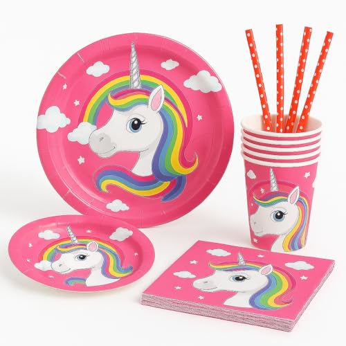 Coslifestore Unicorn Birthday Party Supplies Set –Includes Plates, Cups, Napkins & Straws –Rainbow Theme Tableware for Kids Parties, Girls Birthday, Baby Shower, Decorations (Pink) - Image 1