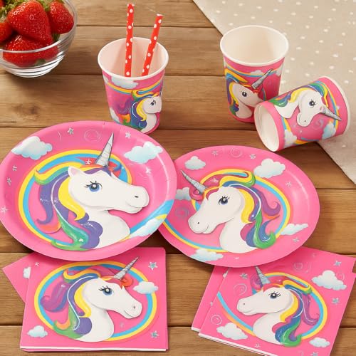 Coslifestore Unicorn Birthday Party Supplies Set –Includes Plates, Cups, Napkins & Straws –Rainbow Theme Tableware for Kids Parties, Girls Birthday, Baby Shower, Decorations (Pink) - Image 4