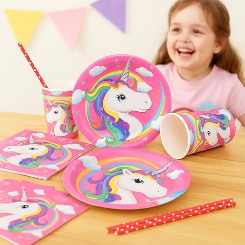Coslifestore Unicorn Birthday Party Supplies Set –Includes Plates, Cups, Napkins & Straws –Rainbow Theme Tableware for Kids Parties, Girls Birthday, Baby Shower, Decorations (Pink) - Image 3