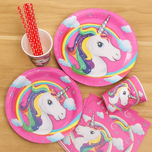 Coslifestore Unicorn Birthday Party Supplies Set –Includes Plates, Cups, Napkins & Straws –Rainbow Theme Tableware for Kids Parties, Girls Birthday, Baby Shower, Decorations (Pink) - Image 5