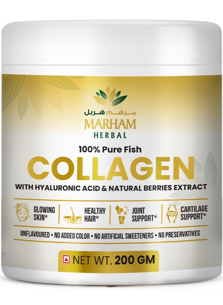 MARHAM HERBAL 100% Pure Fish Collagen With Hyaluronic Acid & Natural Berries Extract for Glowing Skin, Healthy Hair, Joint Support and Cartilage Support | 200G 