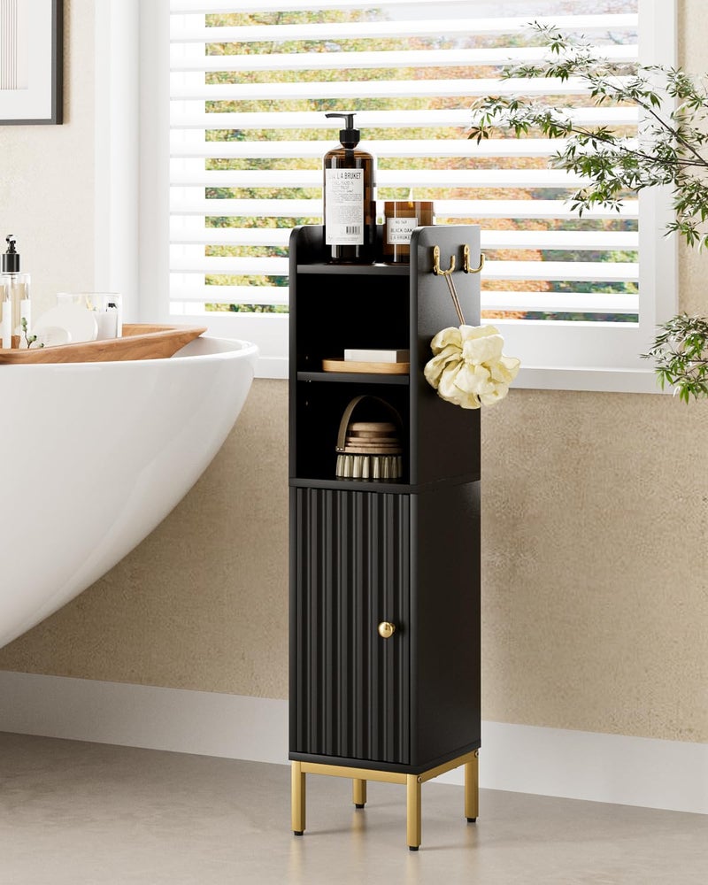 AEPOALUA Bathroom Storage Cabinet,Small Corner Floor Cabinet with 2 Hook,Narrow Tall Toilet Paper Cabinet with Adjustable Shelves,Bathroom Organizer for Living Room,Small Spaces (Wave, Black-37''H) - Image 1