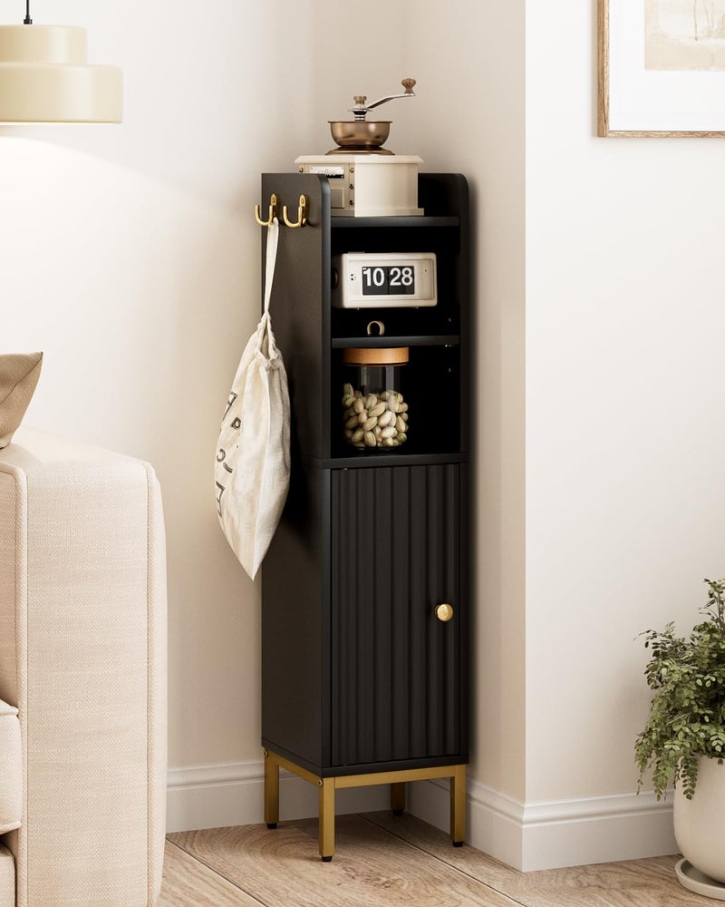 AEPOALUA Bathroom Storage Cabinet,Small Corner Floor Cabinet with 2 Hook,Narrow Tall Toilet Paper Cabinet with Adjustable Shelves,Bathroom Organizer for Living Room,Small Spaces (Wave, Black-37''H) - Image 3
