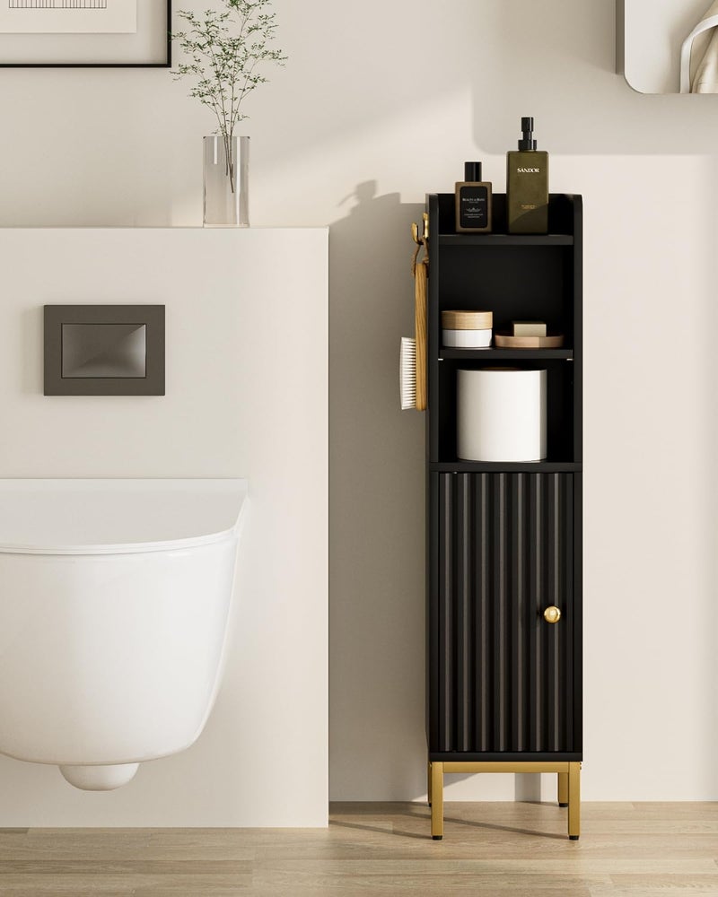 AEPOALUA Bathroom Storage Cabinet,Small Corner Floor Cabinet with 2 Hook,Narrow Tall Toilet Paper Cabinet with Adjustable Shelves,Bathroom Organizer for Living Room,Small Spaces (Wave, Black-37''H) - Image 5