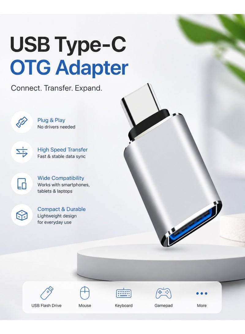 محول USB Type-C OTG – نقل بيانات عالي السرعة والشحن | توافق عام مع الهواتف الذكية، والأجهزة اللوحية، وأجهزة الكمبيوتر المحمولة | محول USB-C إلى USB-A مدمج، متين، يعمل بPlug & Play لمحركات الفلاش، ولوحات المفاتيح، ووحدات التحكم في الألعاب والمزيد - Image 1