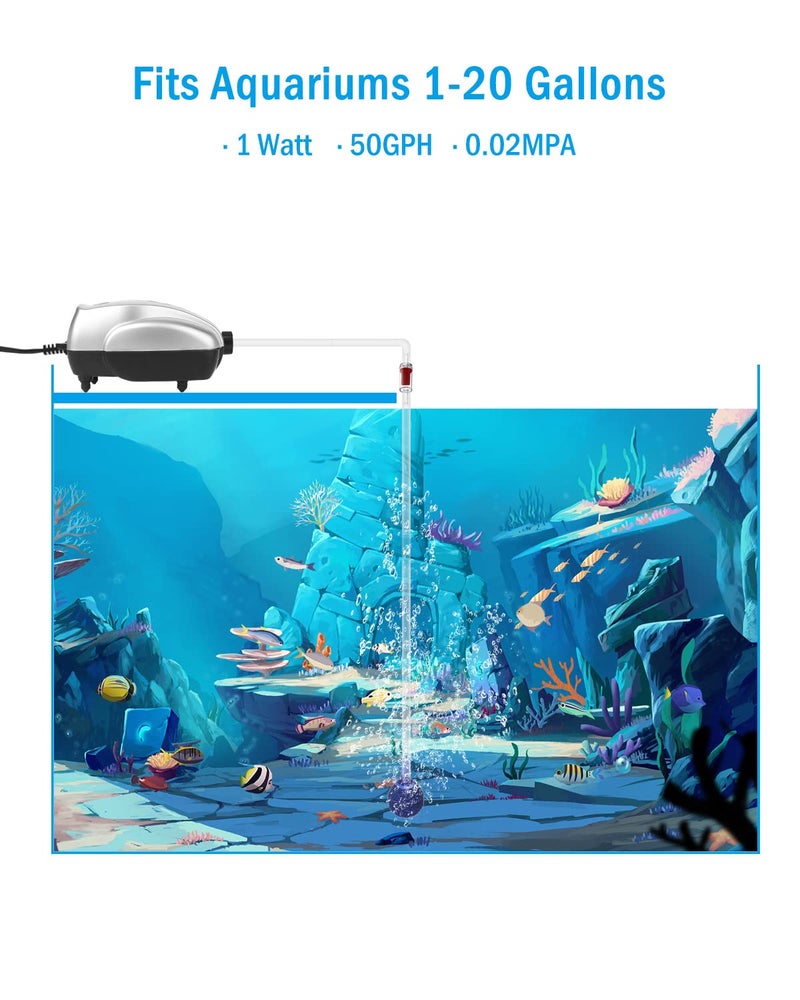 AquaMiracle Aquarium Air Pump Fish Tank Bubbler Aerator, All-in-One Fish Tank Air Pump Kit, Quiet Small Aquarium Bubbler for 1-20 Gallon Aquariums - Image 3