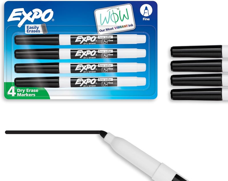 Expo Dry Erase Markers, Low Odor Ink, Black, Fine Tip, 4 Count - Easily Erases, Vibrant Ink, Ideal for Classroom, Back to School Supplies, Teachers, Office, Whiteboard & Home - Image 1