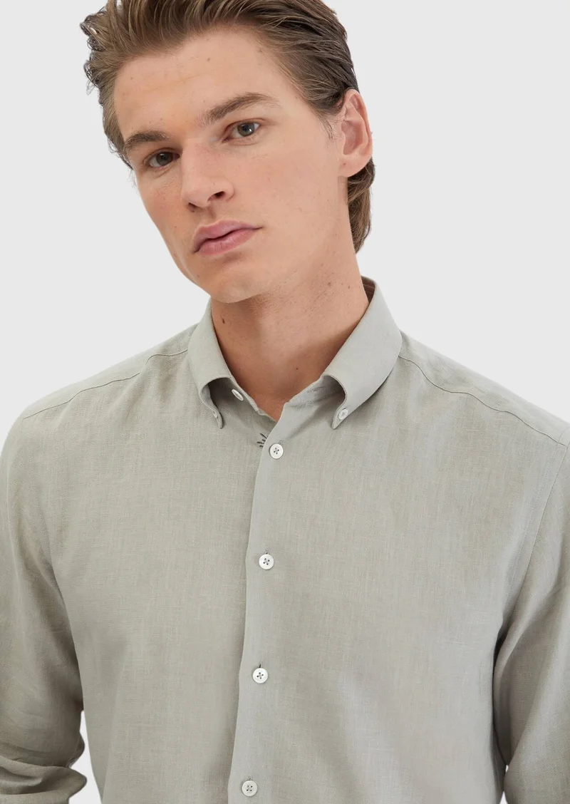 RAMSEY Grey Plain Casual Fit Long Weaving Casual Cotton Blended Shirt