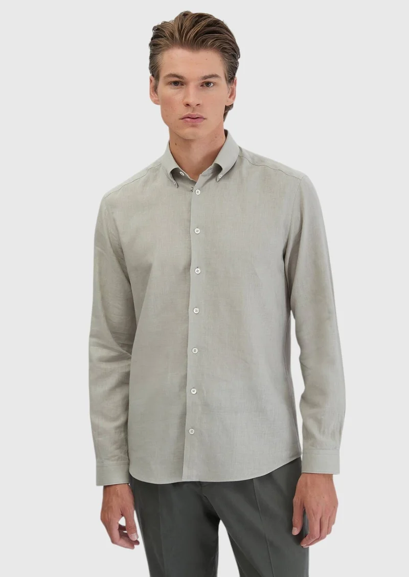 RAMSEY Grey Plain Casual Fit Long Weaving Casual Cotton Blended Shirt