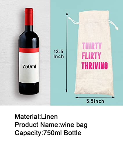 Socive Thirty Flirty Thriving 30th Birthday Wine Bag Funny Cute Wine Bag Gift Ideas Thirteen Going on 30 for women-Linen Drawstring Wine Bags - Image 2
