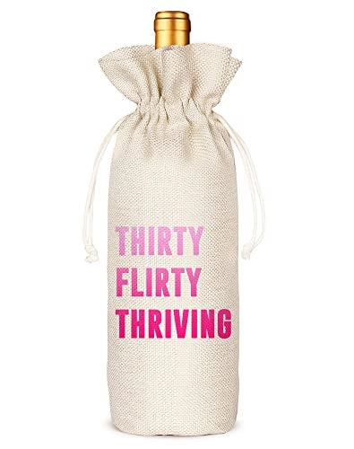 Socive Thirty Flirty Thriving 30th Birthday Wine Bag Funny Cute Wine Bag Gift Ideas Thirteen Going on 30 for women-Linen Drawstring Wine Bags - Image 1