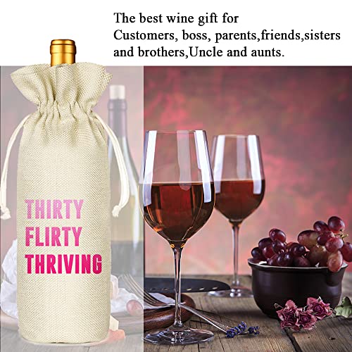 Socive Thirty Flirty Thriving 30th Birthday Wine Bag Funny Cute Wine Bag Gift Ideas Thirteen Going on 30 for women-Linen Drawstring Wine Bags - Image 5
