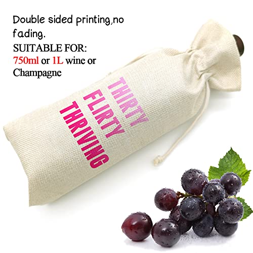Socive Thirty Flirty Thriving 30th Birthday Wine Bag Funny Cute Wine Bag Gift Ideas Thirteen Going on 30 for women-Linen Drawstring Wine Bags - Image 4