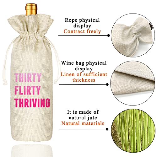 Socive Thirty Flirty Thriving 30th Birthday Wine Bag Funny Cute Wine Bag Gift Ideas Thirteen Going on 30 for women-Linen Drawstring Wine Bags - Image 3