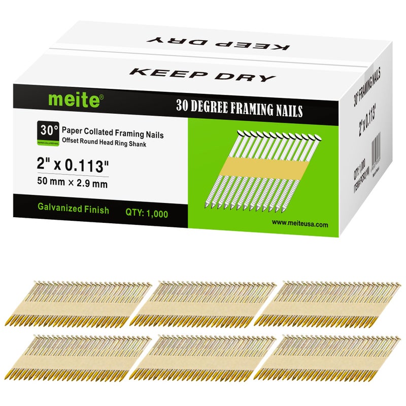 meite 30 Degree Framing Nails 2 Inch x .113 Inch Paper-Collated Ring Shank Nails, Electro-Galvanized Offset Round Head Framing Nails for 30-34 Degree Framing Nailers Decking Fencing, 1,000PCS - Image 1