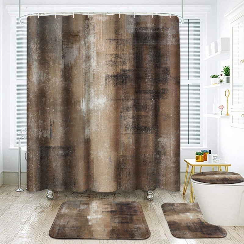 ArtSocket Burnt Brown Grey Bathroom Set with Shower Curtain and Rugs Accessory Abstract Painting Modern Abstract Shower Curtain for Bathroom Decor 4 Pcs