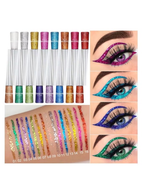 16 Colors Liquid Glitter Eyeliner Metallic Shimmer Eyeshadow Eyebrown Long Lasting Waterproof Face Lips Art for Party Festival Makeup