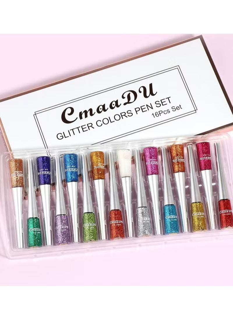 16 Colors Liquid Glitter Eyeliner Metallic Shimmer Eyeshadow Eyebrown Long Lasting Waterproof Face Lips Art for Party Festival Makeup