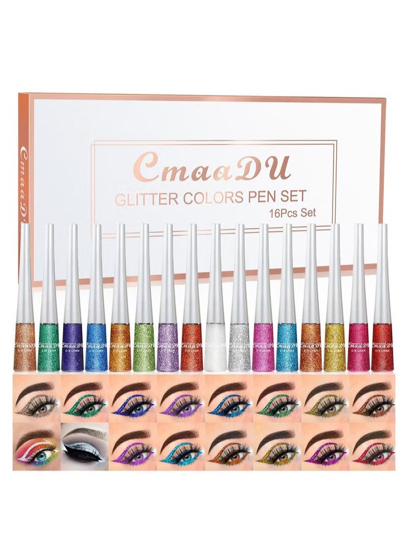 16 Colors Liquid Glitter Eyeliner Metallic Shimmer Eyeshadow Eyebrown Long Lasting Waterproof Face Lips Art for Party Festival Makeup