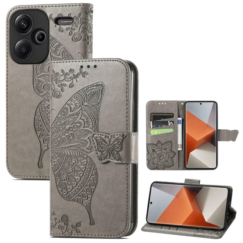 Leather Texture Protective Case for Redmi Note 13 with Kickstand and Full Coverage plus Flip Cover plus Embossed Pattern in Gray - Image 1