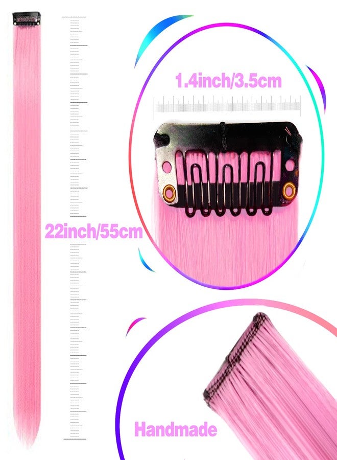 GPOVVIMX 12 PCS Pink Hair Extensions Clip in, Colored Party Highlights Extension for Kids Girls Synthetic Hairpiece Straight 22 inch - Image 3