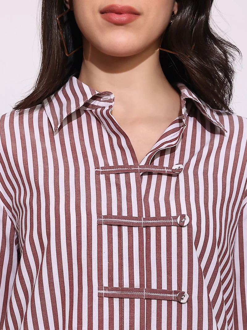 globus Globus Women Brown Striped Collared Neck Cuffed Sleeves Chinese Tab Oversized Workwear Shirt