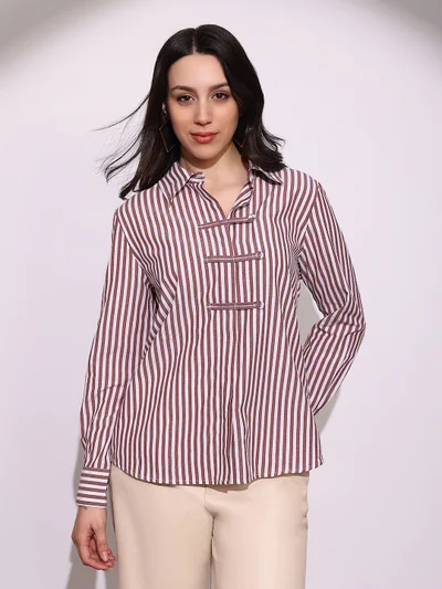globus Globus Women Brown Striped Collared Neck Cuffed Sleeves Chinese Tab Oversized Workwear Shirt