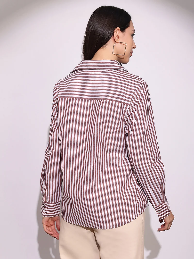 globus Globus Women Brown Striped Collared Neck Cuffed Sleeves Chinese Tab Oversized Workwear Shirt