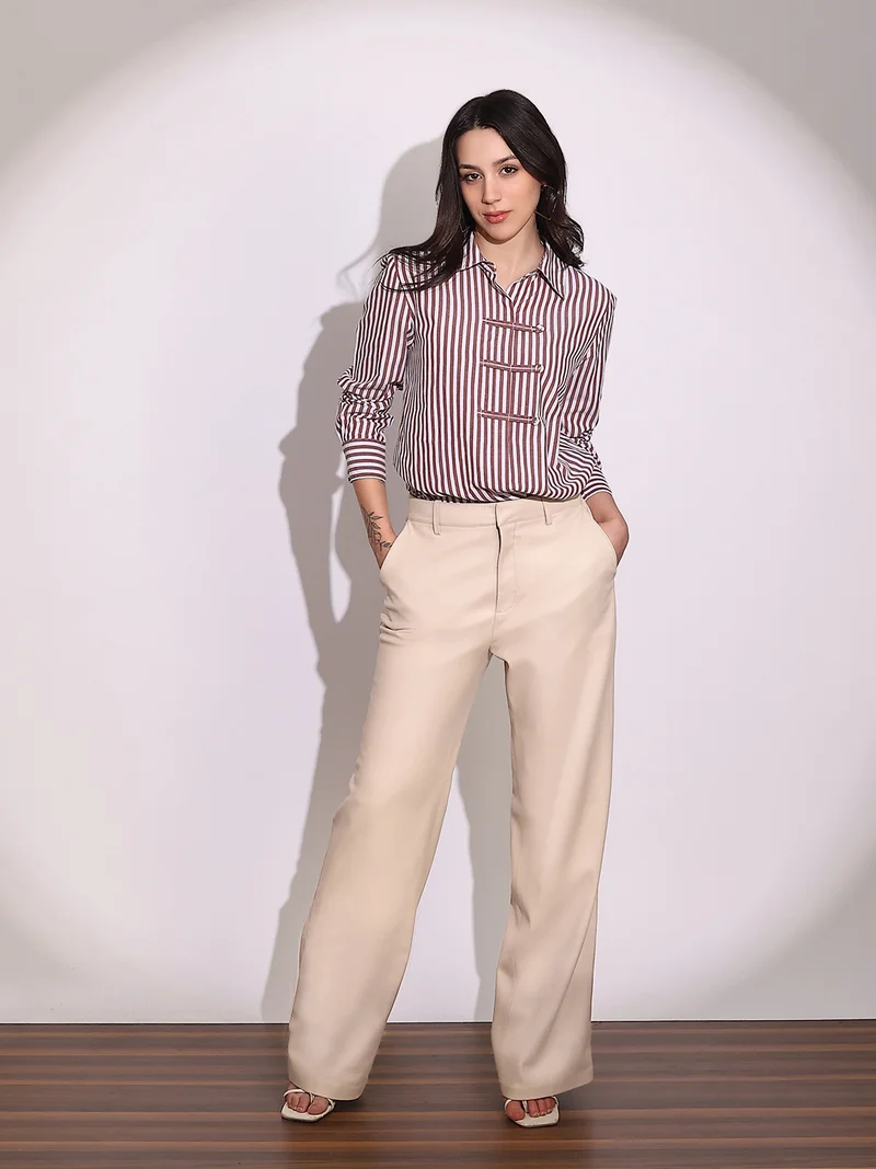 globus Globus Women Brown Striped Collared Neck Cuffed Sleeves Chinese Tab Oversized Workwear Shirt