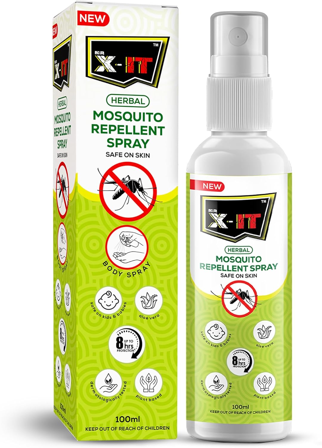 Mr. X-IT Herbal Mosquito Repellent Body Spray- Safe for Babies, Dermatologically Tested, Up to 8 Hours Protection, Plant based with Aloe Vera, Deet Free, Safe on Skin, 100ml