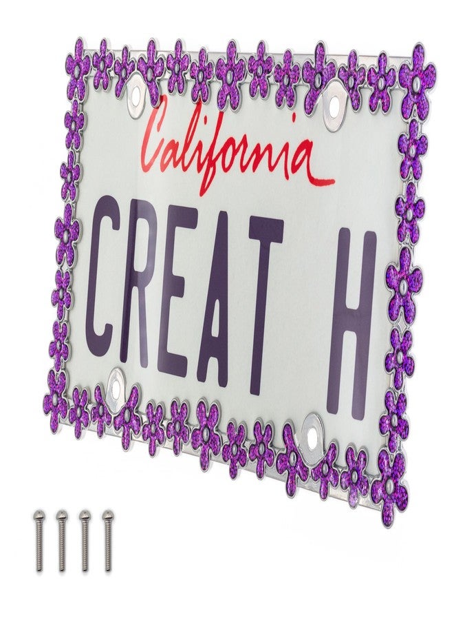 Creathome 3D Shining Daisy Wrenth License Plate Frame from Pure Zinc Alloy Metal Perfect Plate Holder, Chrome with Purple - Image 1