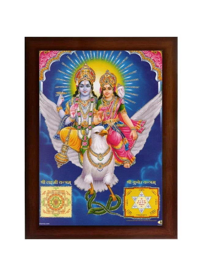 Craft Quest Lord Vishnu and Goddess Lakshmi Giving Blessing on Garud, Glitter Work Painting with Brown Frame (14 X 10 Inches, Brown Wood) - Image 1