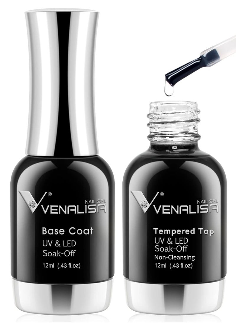 Venalisa - VENALISA 2 Pcs No Wipe Tempered Gel Top Coat and Base Coat Set Gel Nail Polish, Soak Off UV LED Nail Gel Polish Nail Art Starter Manicure Salon DIY at Home - Image 1