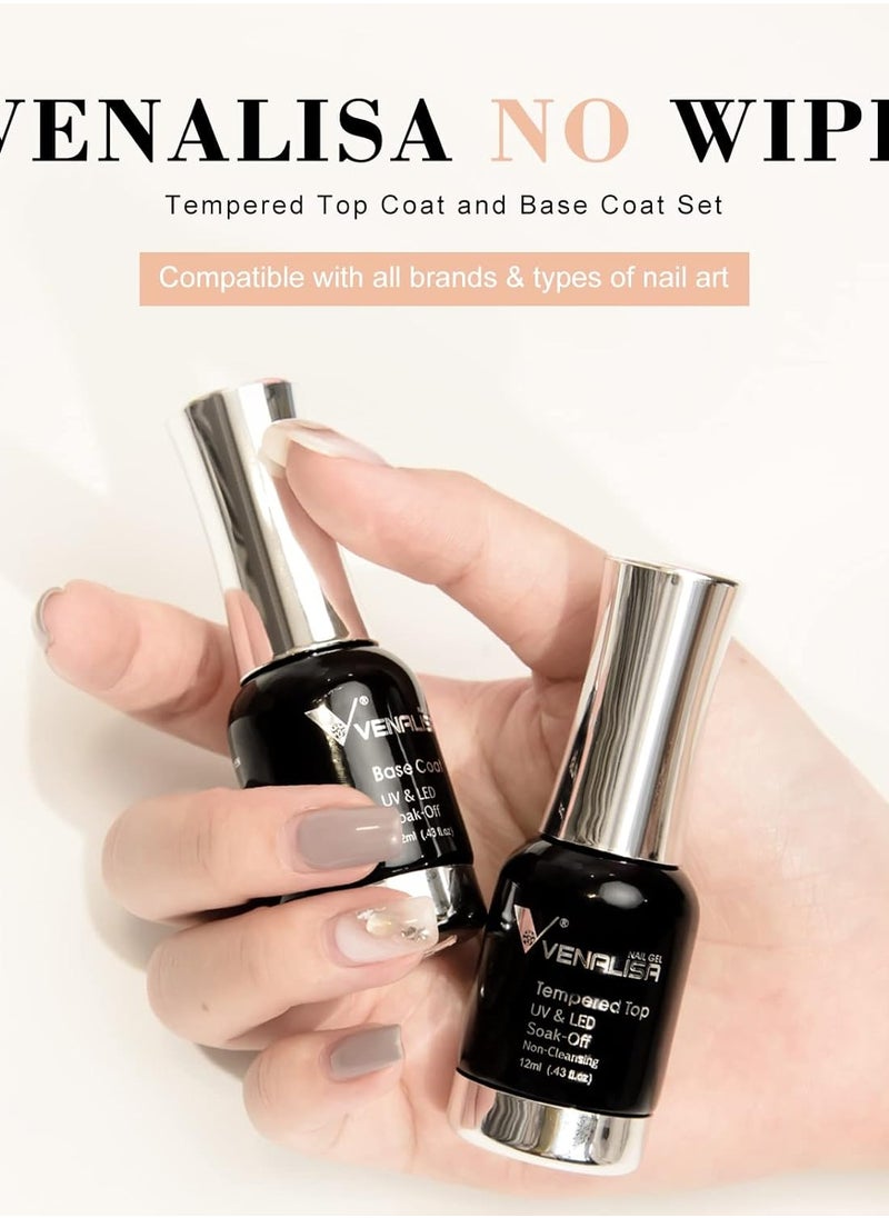 Venalisa - VENALISA 2 Pcs No Wipe Tempered Gel Top Coat and Base Coat Set Gel Nail Polish, Soak Off UV LED Nail Gel Polish Nail Art Starter Manicure Salon DIY at Home - Image 1
