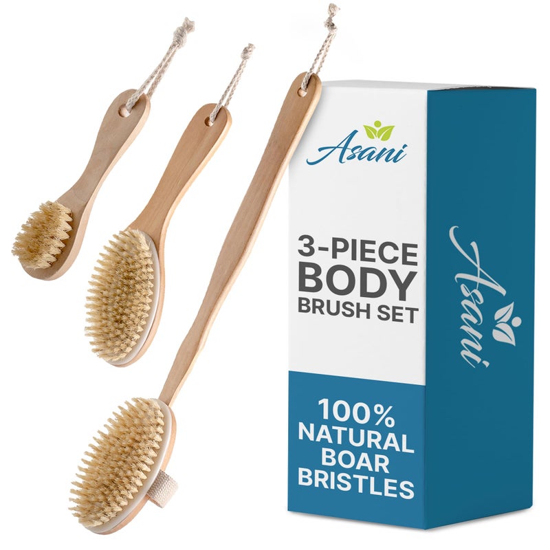 Asani Dry Brushing Body Brush Set for Lymphatic Drainage & Cellulite - 3-Pcs Detachable Back, Contour Body & Face Brushes Organic Gift for Dry Skin, Exfoliation, Invigorating Showers - Image 1