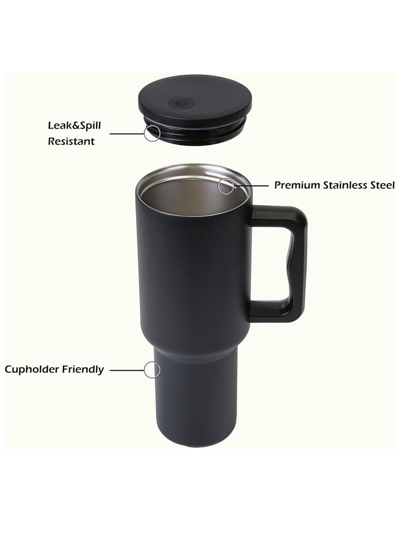 ROEIEIS 40 oz Stainless Steel Tumbler with Handle & Straw Lid - Double-Wall Vacuum Insulated Travel Mug, Keeps Hot/Cold 12 Hours - Coffee Tea Water Bottle (Black) - Image 3