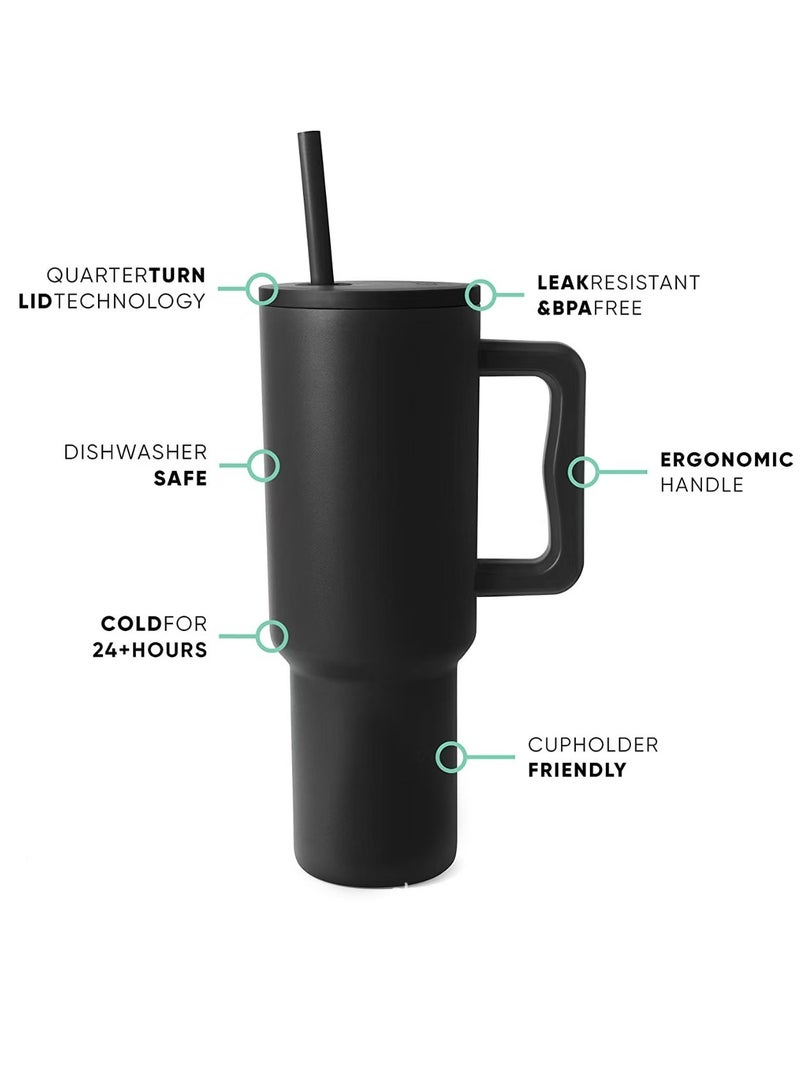 ROEIEIS 40 oz Stainless Steel Tumbler with Handle & Straw Lid - Double-Wall Vacuum Insulated Travel Mug, Keeps Hot/Cold 12 Hours - Coffee Tea Water Bottle (Black) - Image 2