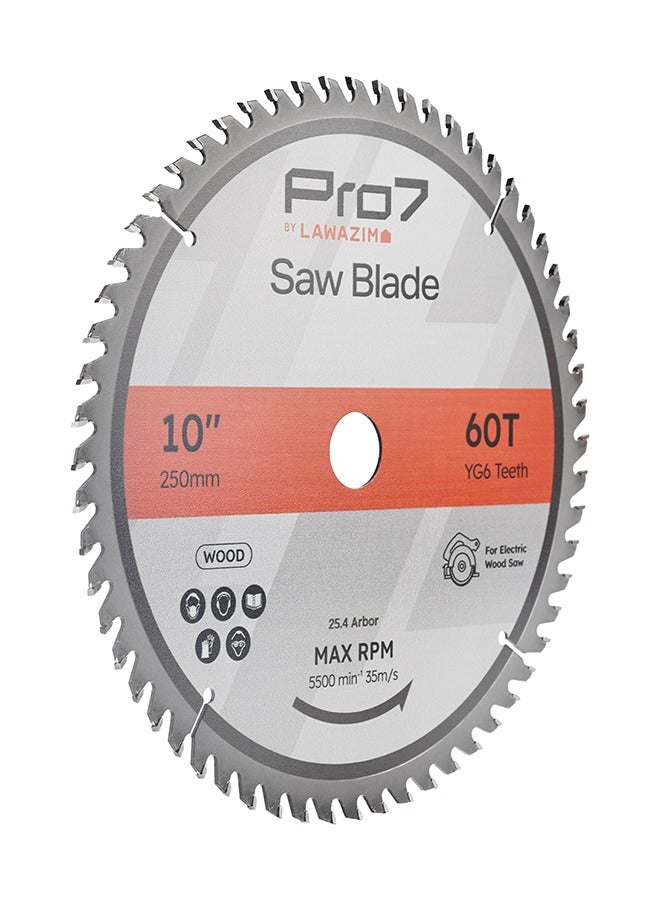 LAWAZIM Pro7 Circular Wood Saw Blade - 10inch, 60T - Tungsten Carbide-Tipped Wood Cutting Blade with Hardened Steel Body, 25.4mm Arbor, 5,500 RPM - for Hardwood, Softwood, Plywood, and DIY Woodworking  - Image 2