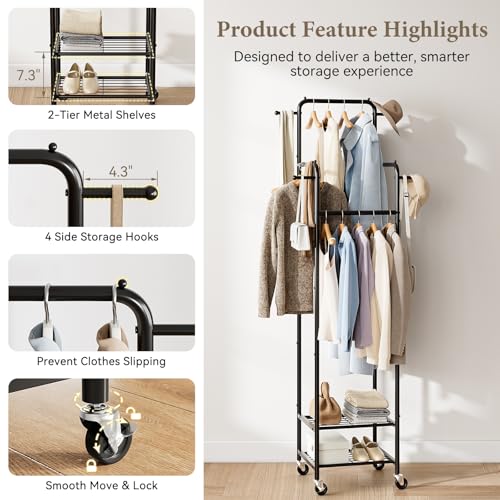 Chrislley Clothes Rack with Wheels, 71" Portable Clothing Rack with 2 Shelves and 4 Hooks, Small Rolling Garment Rack, 4 Hanging Rods Metal Coat Rack for Bedroom, Apartment, Entryway, Black - Image 5