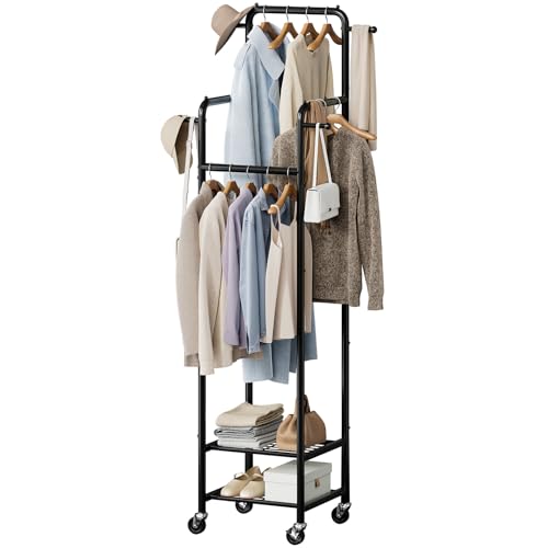 Chrislley Clothes Rack with Wheels, 71" Portable Clothing Rack with 2 Shelves and 4 Hooks, Small Rolling Garment Rack, 4 Hanging Rods Metal Coat Rack for Bedroom, Apartment, Entryway, Black - Image 1