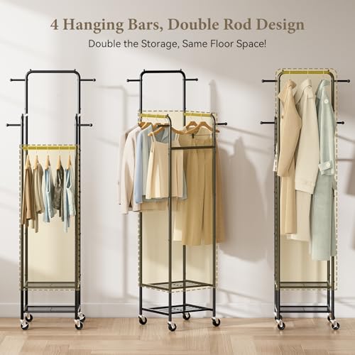 Chrislley Clothes Rack with Wheels, 71" Portable Clothing Rack with 2 Shelves and 4 Hooks, Small Rolling Garment Rack, 4 Hanging Rods Metal Coat Rack for Bedroom, Apartment, Entryway, Black - Image 4