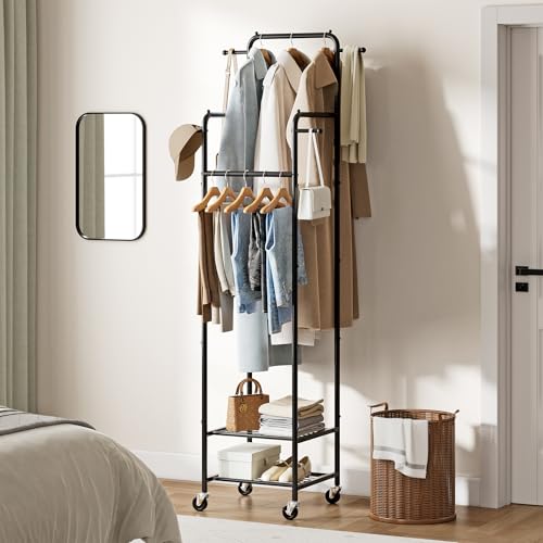 Chrislley Clothes Rack with Wheels, 71" Portable Clothing Rack with 2 Shelves and 4 Hooks, Small Rolling Garment Rack, 4 Hanging Rods Metal Coat Rack for Bedroom, Apartment, Entryway, Black - Image 2