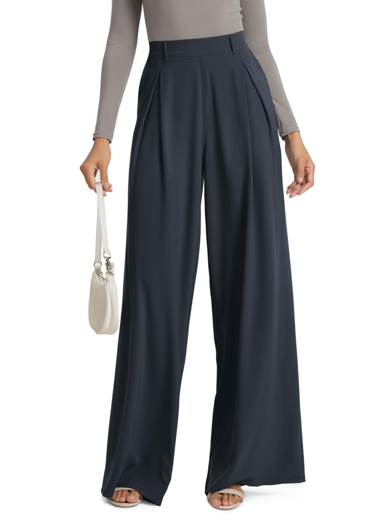 ODODOS Pleated Wide Leg Pants for Women Flowy Lightweight High Waist Trouser with Pockets-31 Inseam, Dark Navy, Small - Image 1