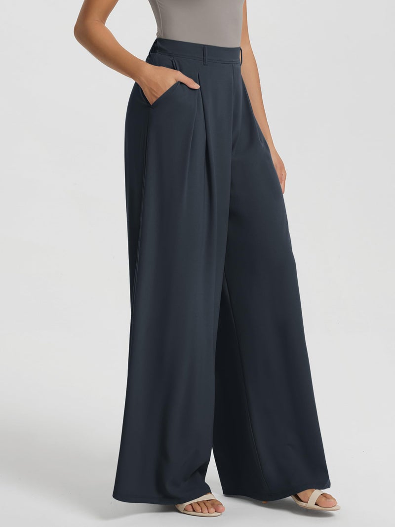 ODODOS Pleated Wide Leg Pants for Women Flowy Lightweight High Waist Trouser with Pockets-31 Inseam, Dark Navy, Small - Image 4