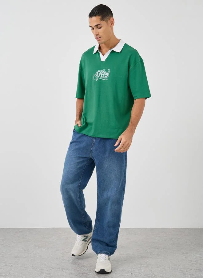 Styli Styli Men Green Graphic Print Oversized Varsity Polo T-Shirt