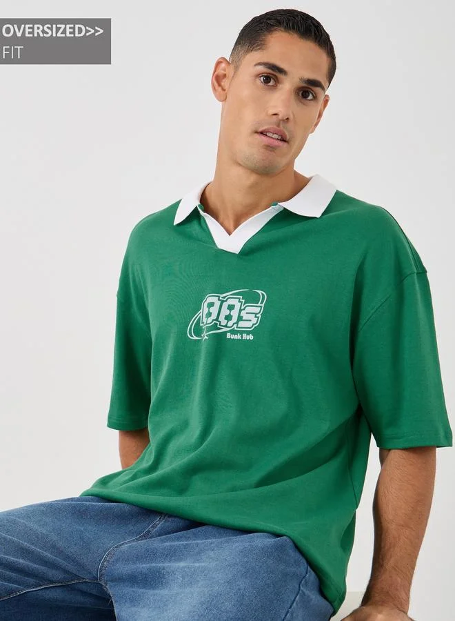 Styli Styli Men Green Graphic Print Oversized Varsity Polo T-Shirt