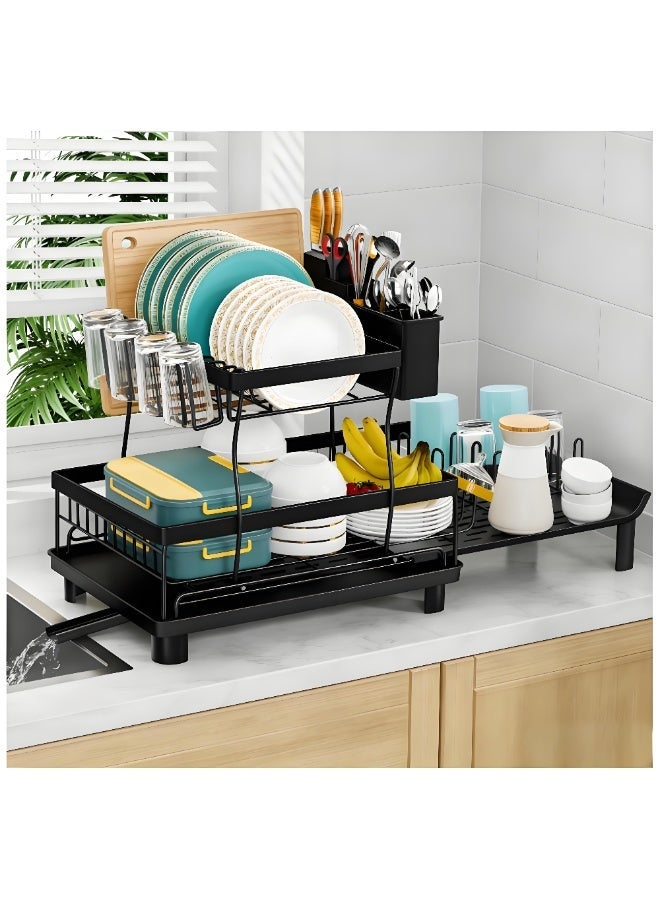 Shangxing Extendable 2-Tier Dish and Bowl Drainer Rack - With a quick draining function, the length can be extended or reduced according to usage. The divided design is convenient for storing kitchen utensils such as plates and bowls of different sizes. - Image 1